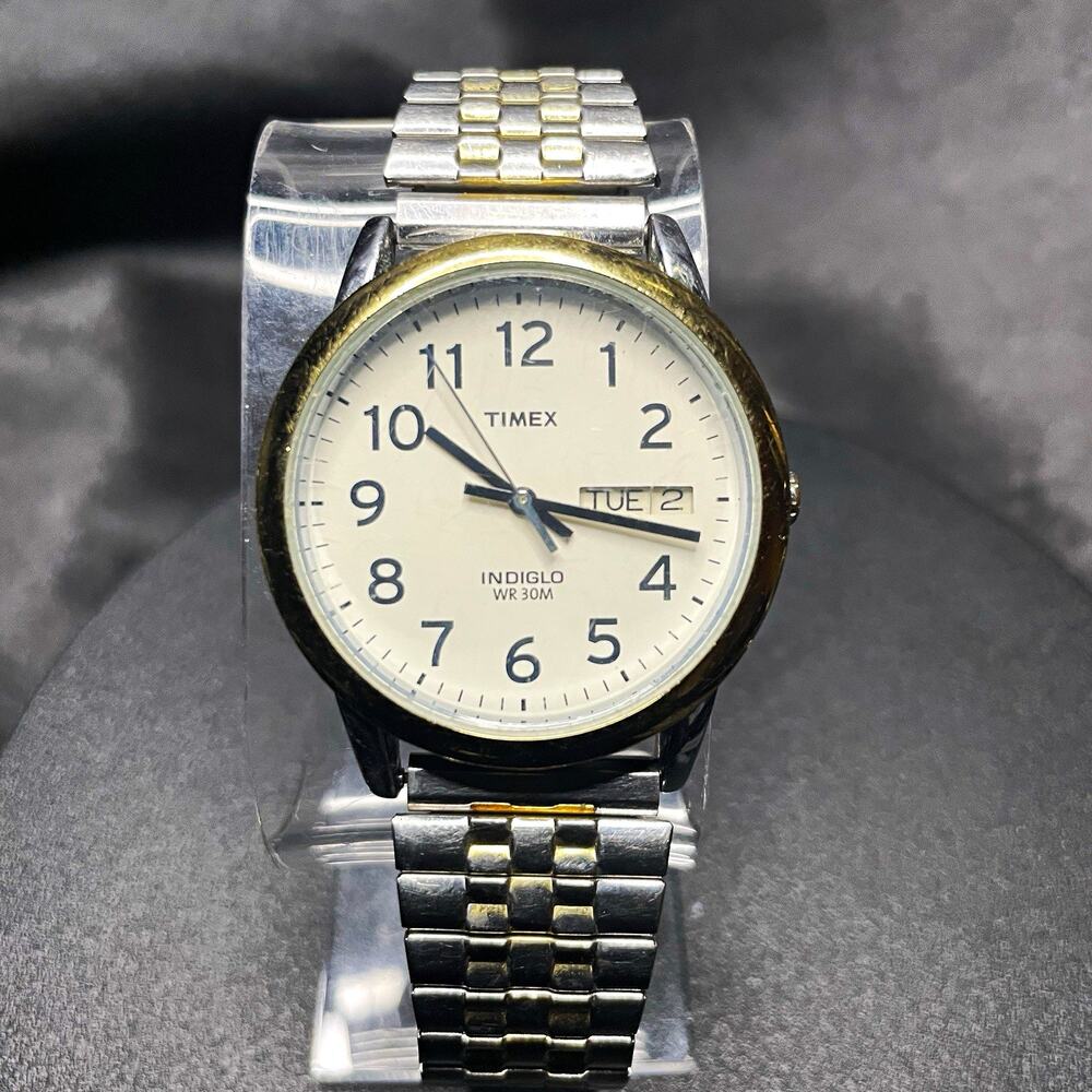 Timex Indiglo Quartz Watch Day/Date White Dial Two-Tone SS Bracelet 36mm